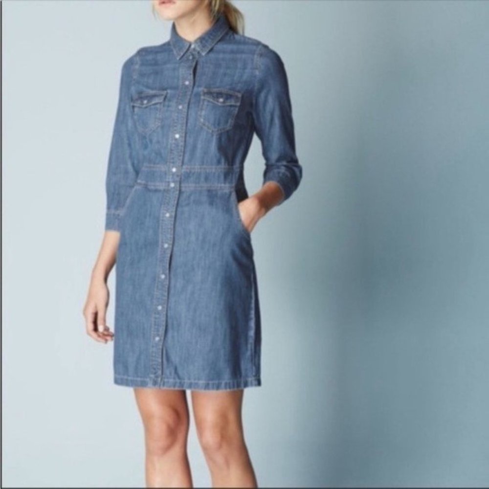 Boden Denim Snap Front Denim Western Long Sleeve Shirt Cowgirl Dress Size 6R